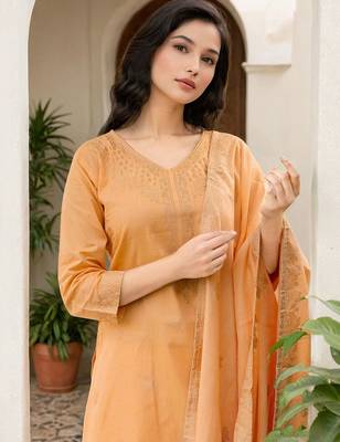 Women Pure Cotton Woven Design Straight Kurta Trousers With Dupatta 2