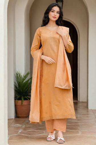Women Pure Cotton Woven Design Straight Kurta Trousers With Dupatta