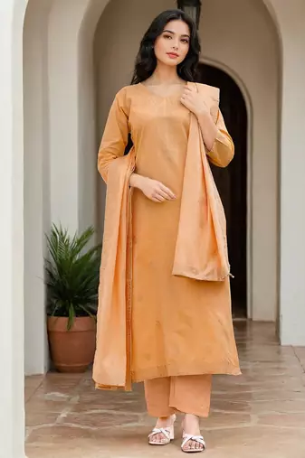 Women Pure Cotton Woven Design Straight Kurta Trousers With Dupatta