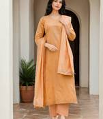 Women Pure Cotton Woven Design Straight Kurta Trousers With Dupatta