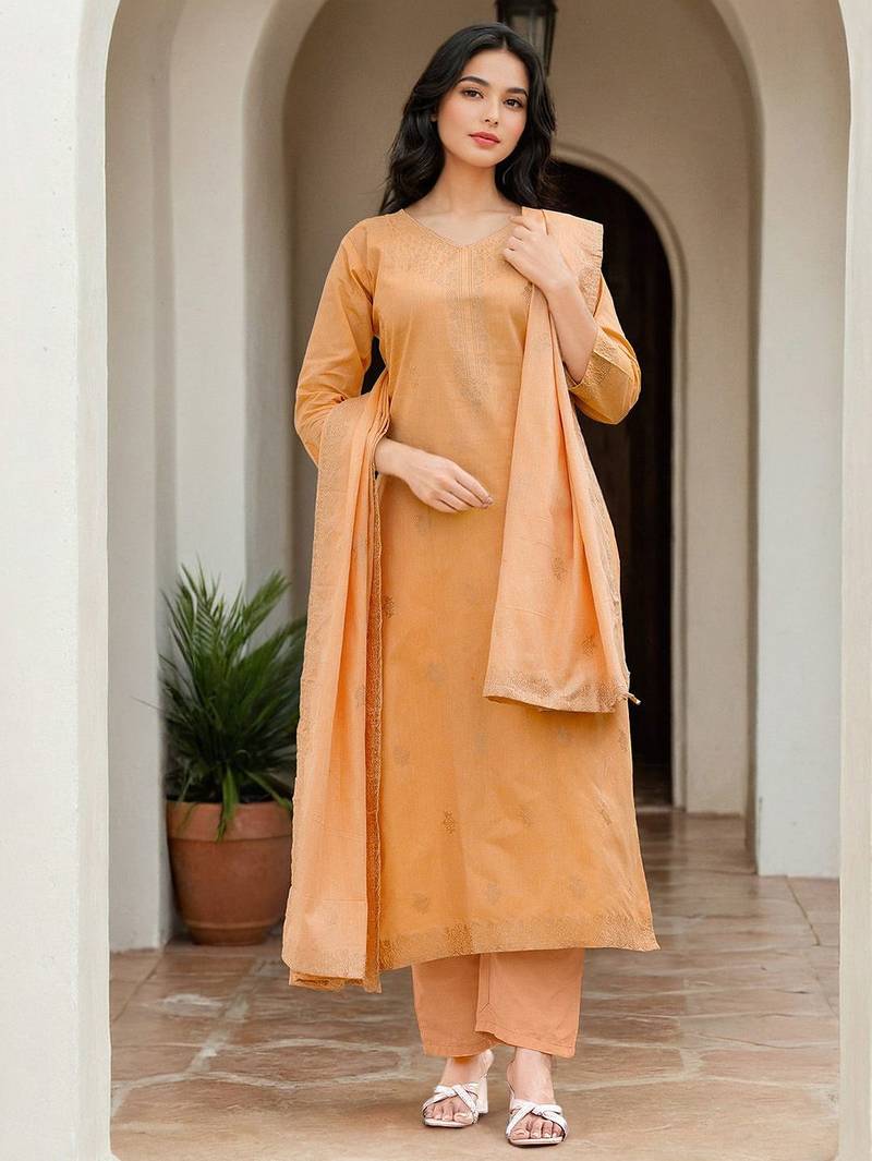 Women Pure Cotton Woven Design Straight Kurta Trousers With Dupatta