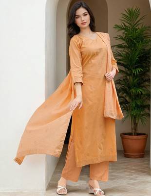 Women Pure Cotton Woven Design Straight Kurta Trousers With Dupatta 3