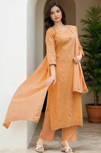 Women Pure Cotton Woven Design Straight Kurta Trousers With Dupatta
