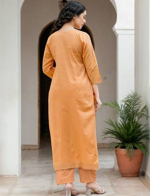 Women Pure Cotton Woven Design Straight Kurta Trousers With Dupatta 4