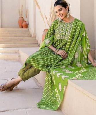 Women Leheriya Dyed Regular Sequinned Pure Cotton Kurta with Trousers & With Dupatta 6