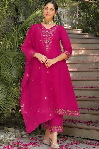 Women Floral Embroidered Regular Thread Work Kurta with Trousers & With Dupatta