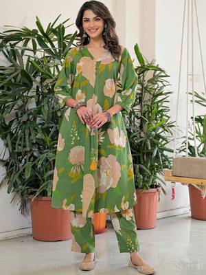 Printed Green Viscose Rayon Co Ords for Women 1