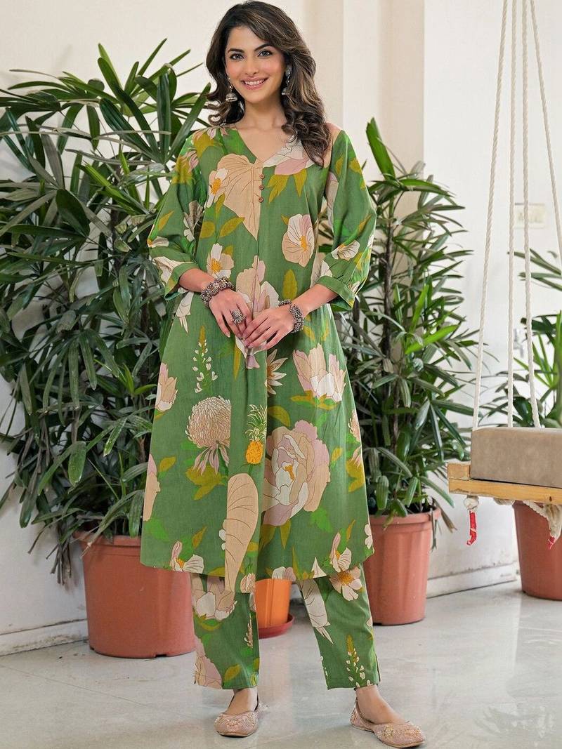 Printed Green Viscose Rayon Co Ords for Women
