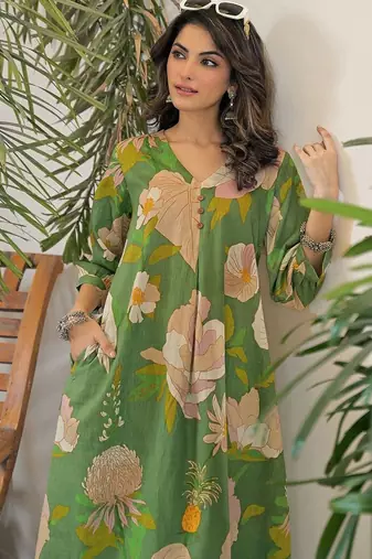 Printed Green Viscose Rayon Co Ords for Women