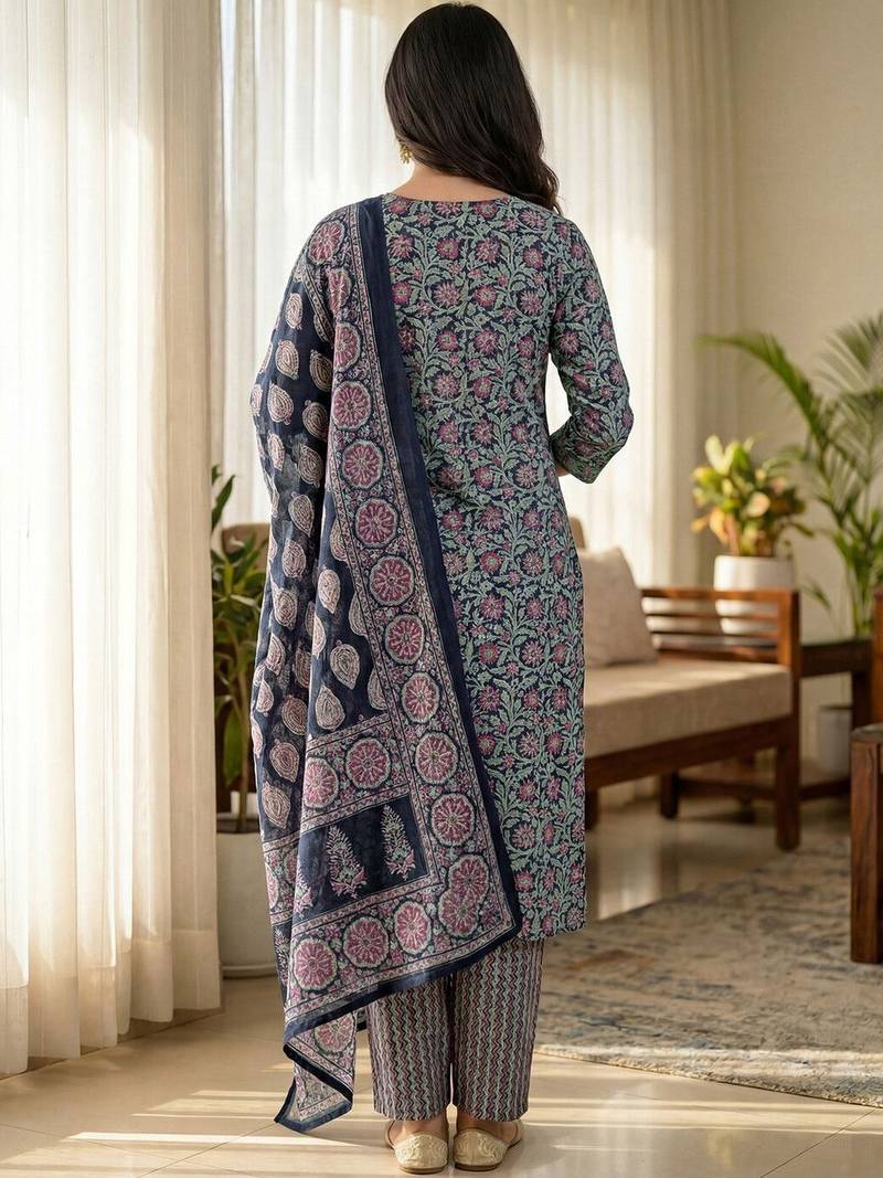 Women Floral Printed Regular Pure Cotton Kurta with Trousers & With Dupatta