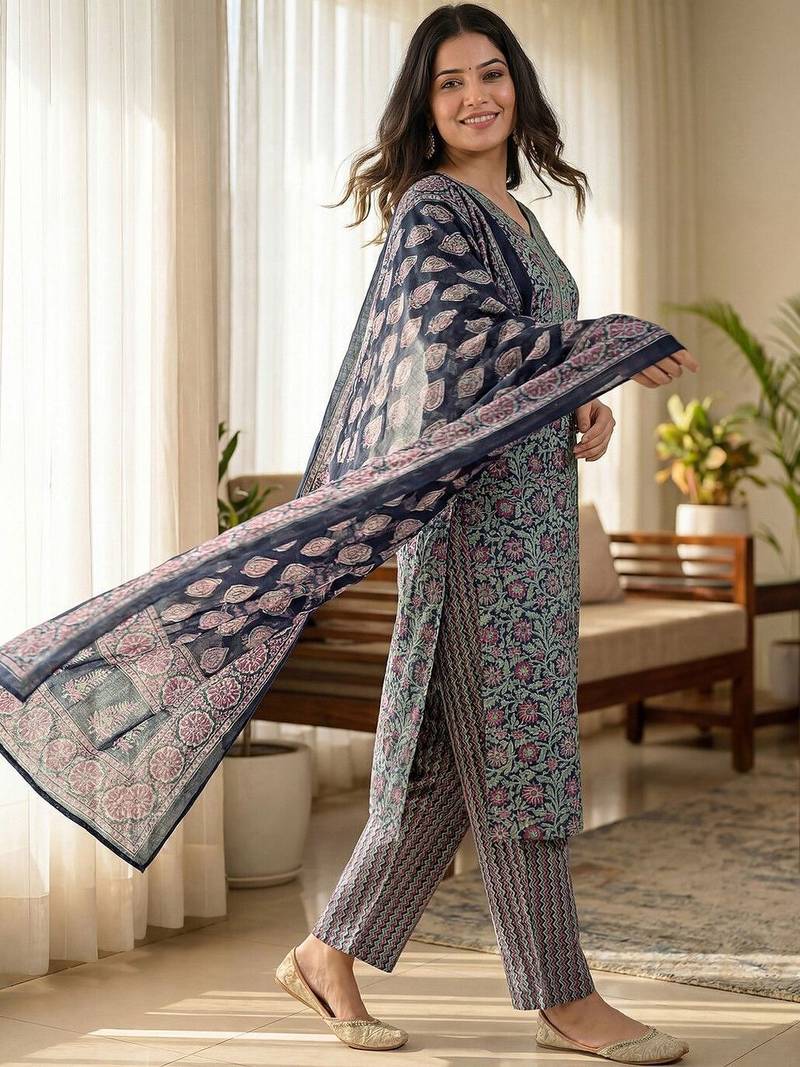 Women Floral Printed Regular Pure Cotton Kurta with Trousers & With Dupatta