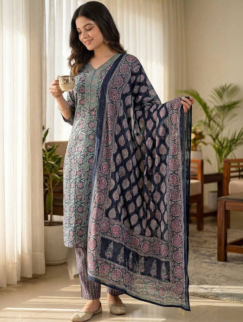 Women Floral Printed Regular Pure Cotton Kurta with Trousers & With Dupatta