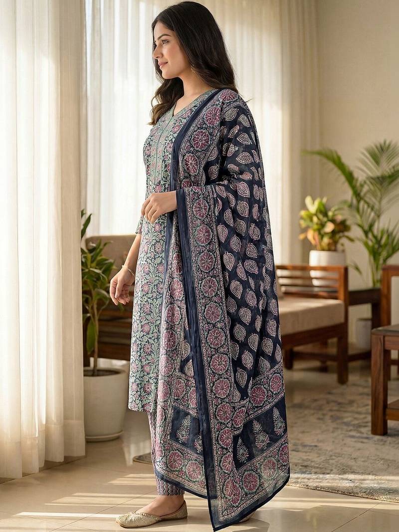 Women Floral Printed Regular Pure Cotton Kurta with Trousers & With Dupatta
