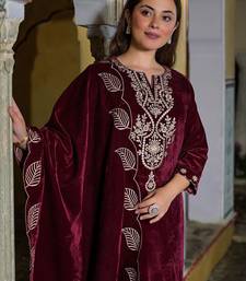 Women Embroidered Regular Velvet Kurta with Trousers & With Dupatta