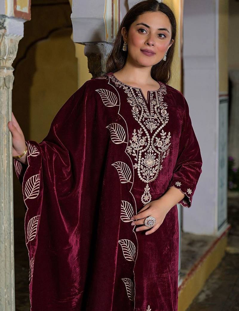 Women Embroidered Regular Velvet Kurta with Trousers & With Dupatta