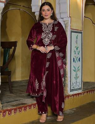 Women Embroidered Regular Velvet Kurta with Trousers & With Dupatta 1