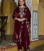 Women Embroidered Regular Velvet Kurta with Trousers & With Dupatta