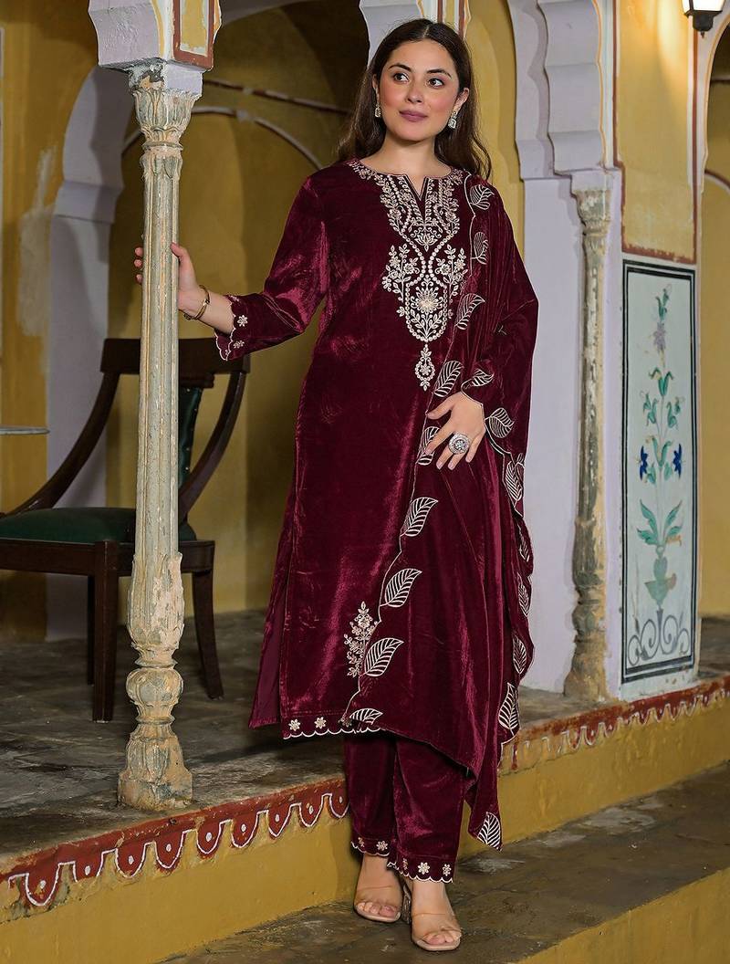 Women Embroidered Regular Velvet Kurta with Trousers & With Dupatta
