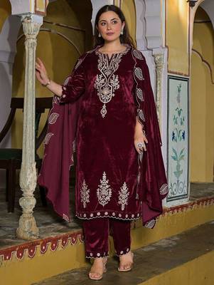 Women Embroidered Regular Velvet Kurta with Trousers & With Dupatta 5