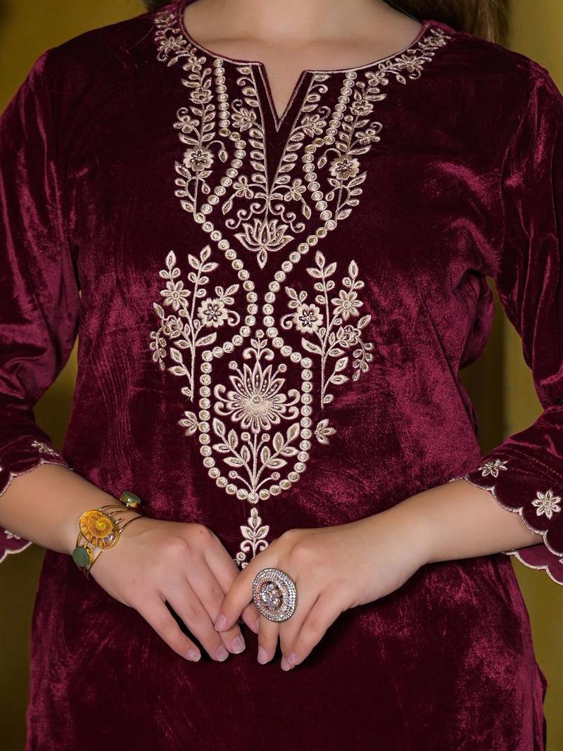 Women Embroidered Regular Velvet Kurta with Trousers & With Dupatta