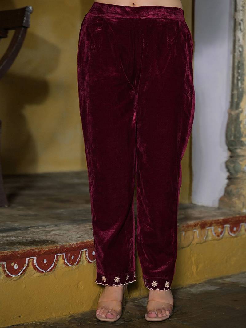 Women Embroidered Regular Velvet Kurta with Trousers & With Dupatta