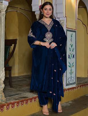 Women Ethnic Motifs Embroidered Regular Thread Work Velvet Kurta with Trousers & With Dupatta 1