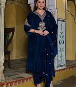 Women Ethnic Motifs Embroidered Regular Thread Work Velvet Kurta with Trousers & With Dupatta