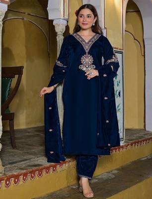Women Ethnic Motifs Embroidered Regular Thread Work Velvet Kurta with Trousers & With Dupatta 4