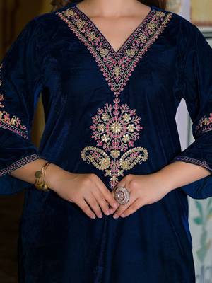 Women Ethnic Motifs Embroidered Regular Thread Work Velvet Kurta with Trousers & With Dupatta 6