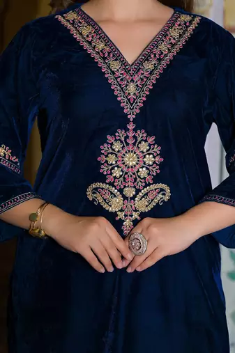 Women Ethnic Motifs Embroidered Regular Thread Work Velvet Kurta with Trousers & With Dupatta