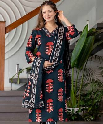 Floral Printed V-Neck Straight Kurta With Trousers & Dupatta 3