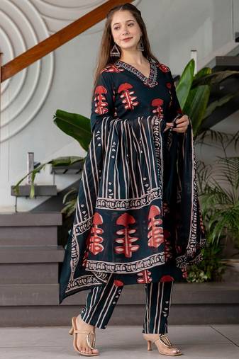 Floral Printed V-Neck Straight Kurta With Trousers & Dupatta