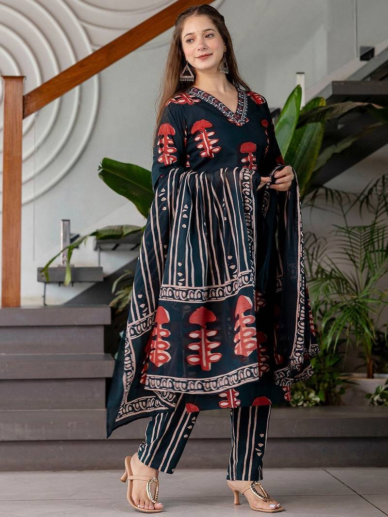 Floral Printed V-Neck Straight Kurta With Trousers & Dupatta