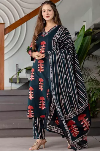 Floral Printed V-Neck Straight Kurta With Trousers & Dupatta
