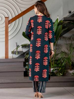 Floral Printed V-Neck Straight Kurta With Trousers & Dupatta 6
