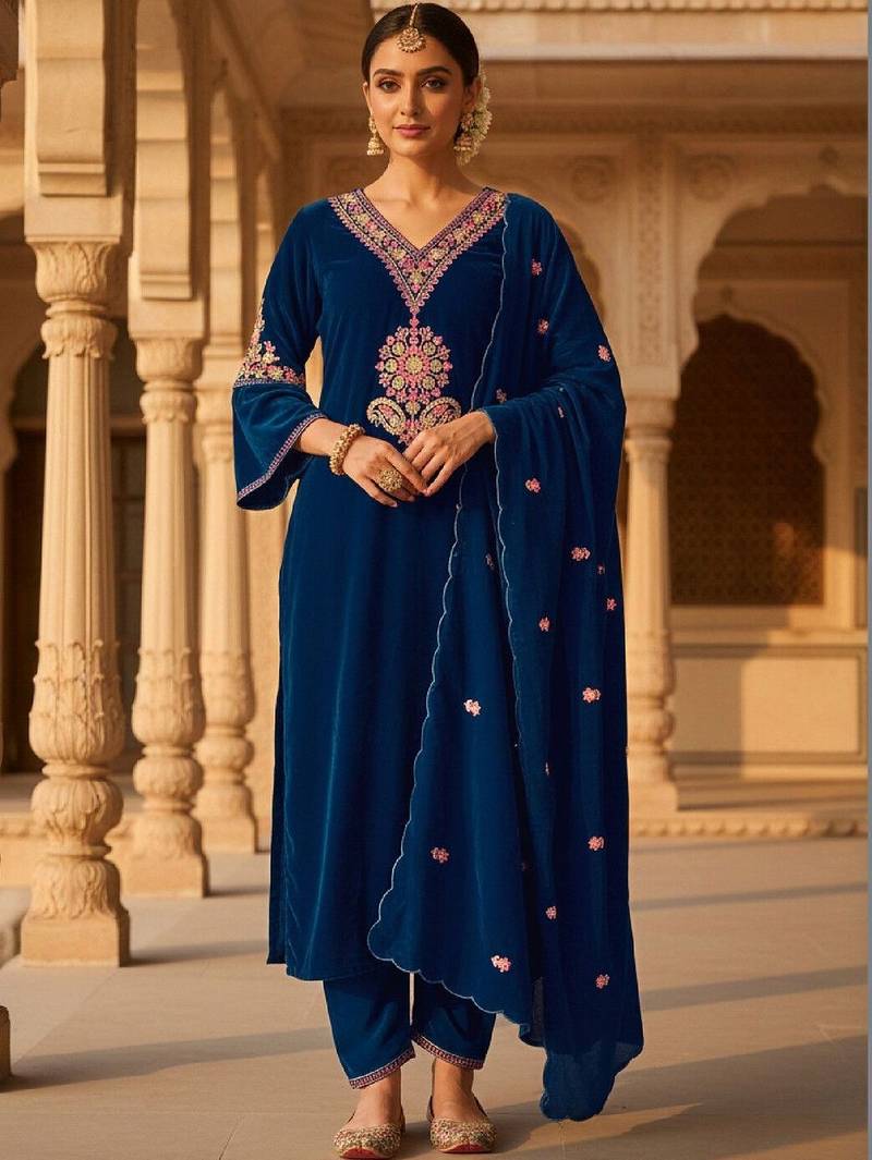 Women Ethnic Motifs Embroidered Regular Thread Work Velvet Kurta with Trousers & With Dupatta