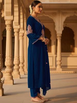 Women Ethnic Motifs Embroidered Regular Thread Work Velvet Kurta with Trousers & With Dupatta 4