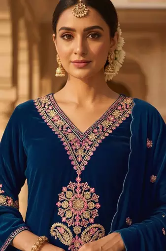 Women Ethnic Motifs Embroidered Regular Thread Work Velvet Kurta with Trousers & With Dupatta