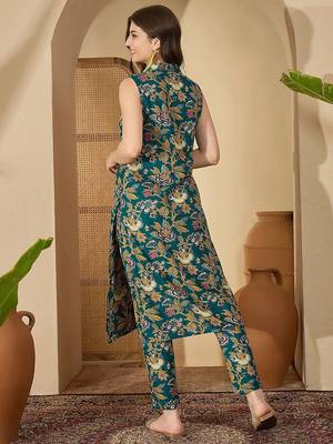 Floral Printed Rama Green Rayon Co Ords for Women 6