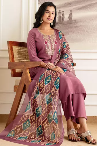 Women Embroidered Regular Sequinned Straight Kurta with Trousers & With Dupatta