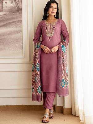 Women Embroidered Regular Sequinned Straight Kurta with Trousers & With Dupatta 2