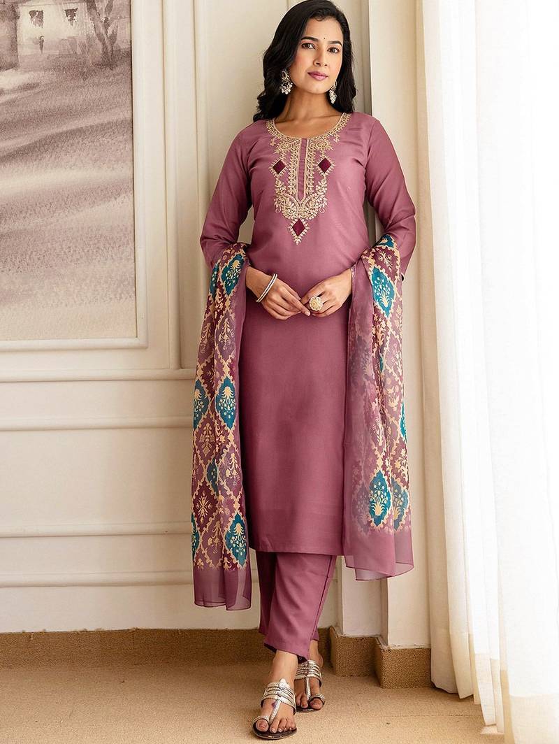 Women Embroidered Regular Sequinned Straight Kurta with Trousers & With Dupatta
