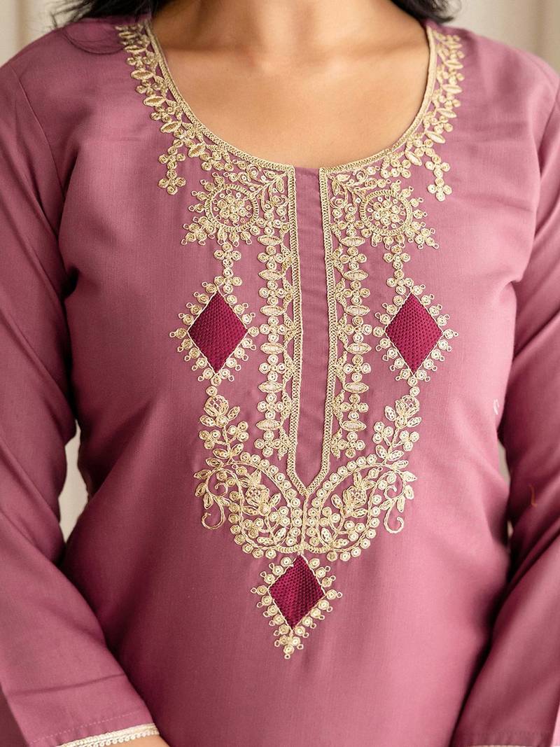 Women Embroidered Regular Sequinned Straight Kurta with Trousers & With Dupatta