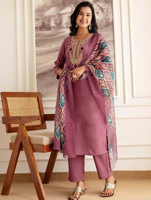Women Embroidered Regular Sequinned Straight Kurta with Trousers & With Dupatta 4