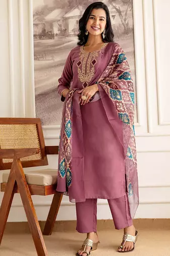 Women Embroidered Regular Sequinned Straight Kurta with Trousers & With Dupatta