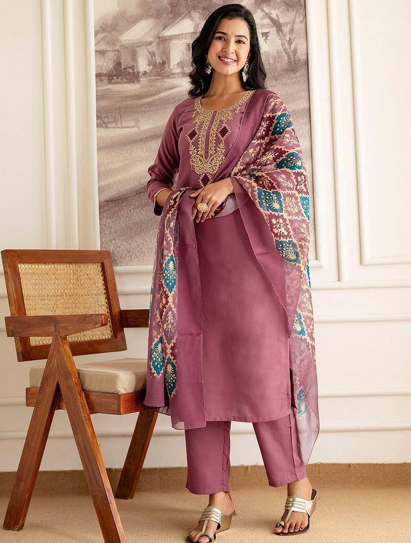Women Embroidered Regular Sequinned Straight Kurta with Trousers & With Dupatta