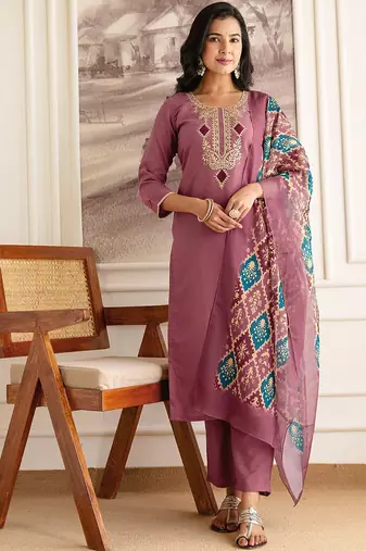 Women Embroidered Regular Sequinned Straight Kurta with Trousers & With Dupatta