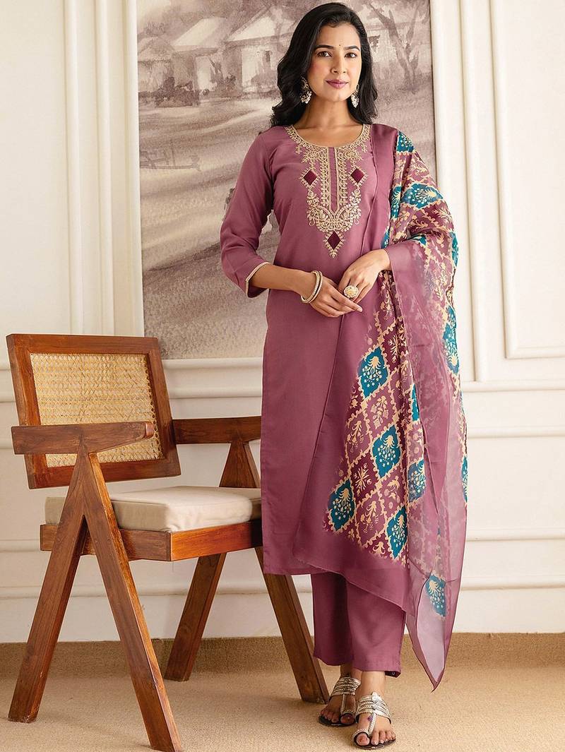 Women Embroidered Regular Sequinned Straight Kurta with Trousers & With Dupatta