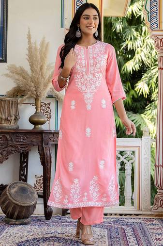 Chikankari Embroidered Chikankari Embroidery Cotton Blend Co Ords for Women