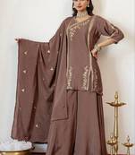 Women Ethnic Motifs Embroidered Regular Thread Work Kurta With Sharara & Dupatta